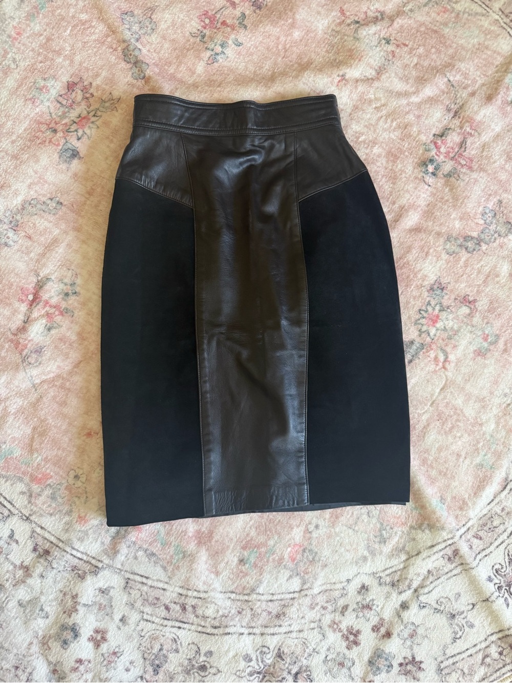 Vintage Maxima Black Leather-Panel Pencil Skirt